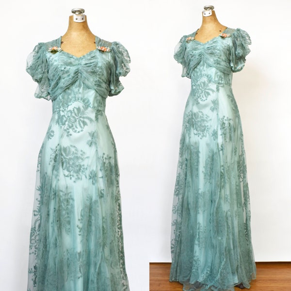 Vintage 1940's Old Hollywood Evening Gown | 40's Turquoise Flocked Floral Dress | Puff Sleeve | Velvet Flowers | Button Back | Size Small