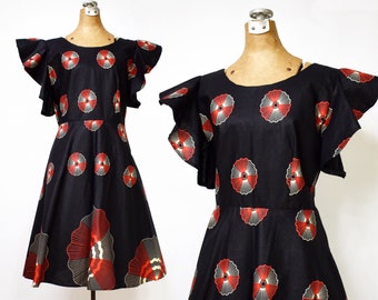 Vintage 1950's Geo Floral Print Dress | 50's Black, Red & White Sateen Dress | Graphic Floral | Circle Skirt | Flutter Sleeve | Size Medium