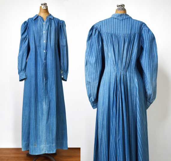 Vintage Indigo Print Work Dress Antique Victorian Calico Day Dress 