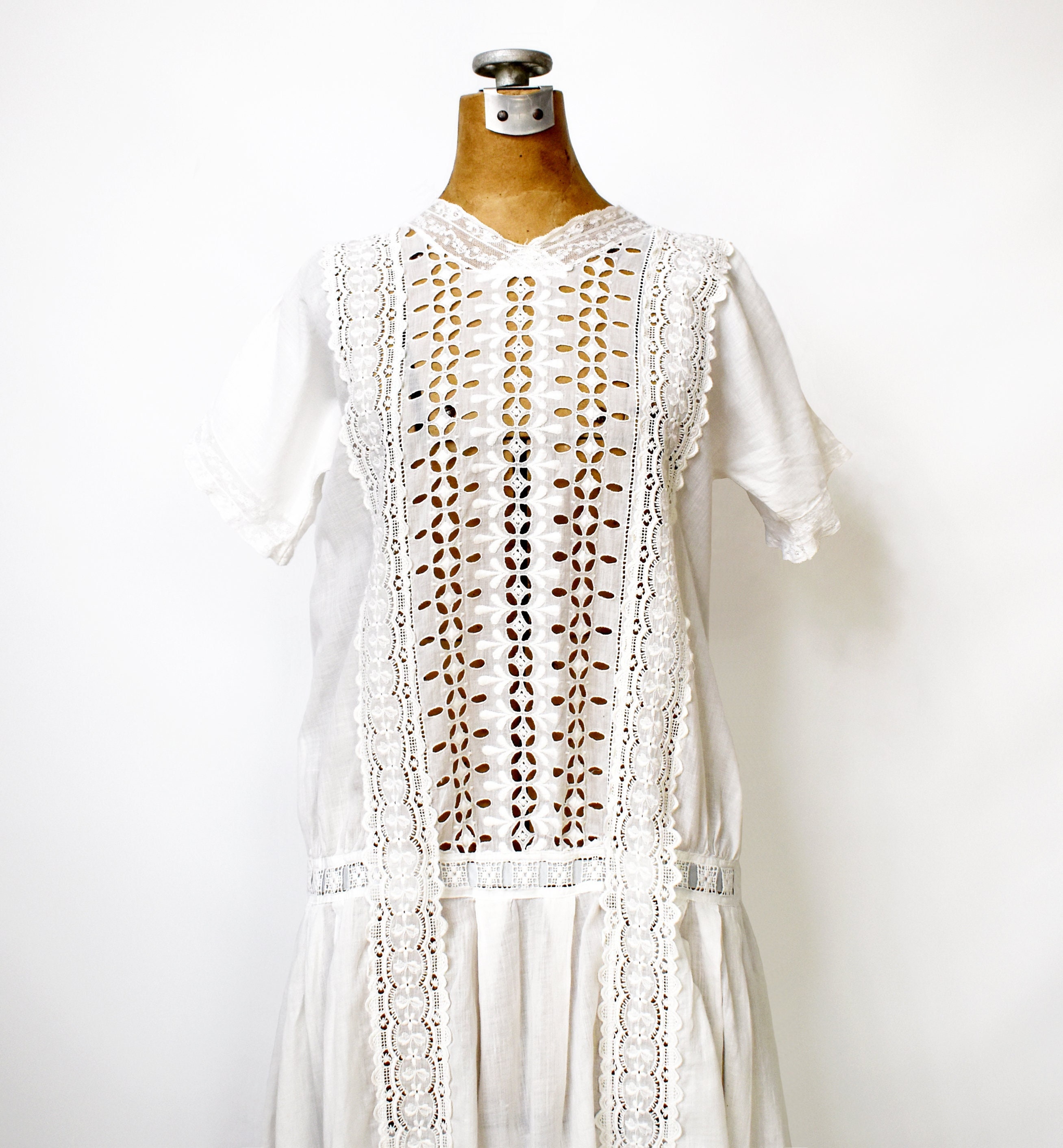 Antique Edwardian White Cotton Summer Dress w/ Floral