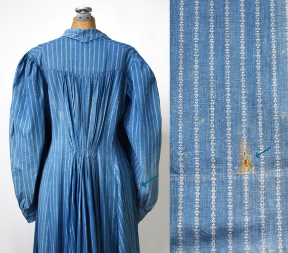 Vintage Indigo Print Work Dress Antique Victorian Calico Day Dress 