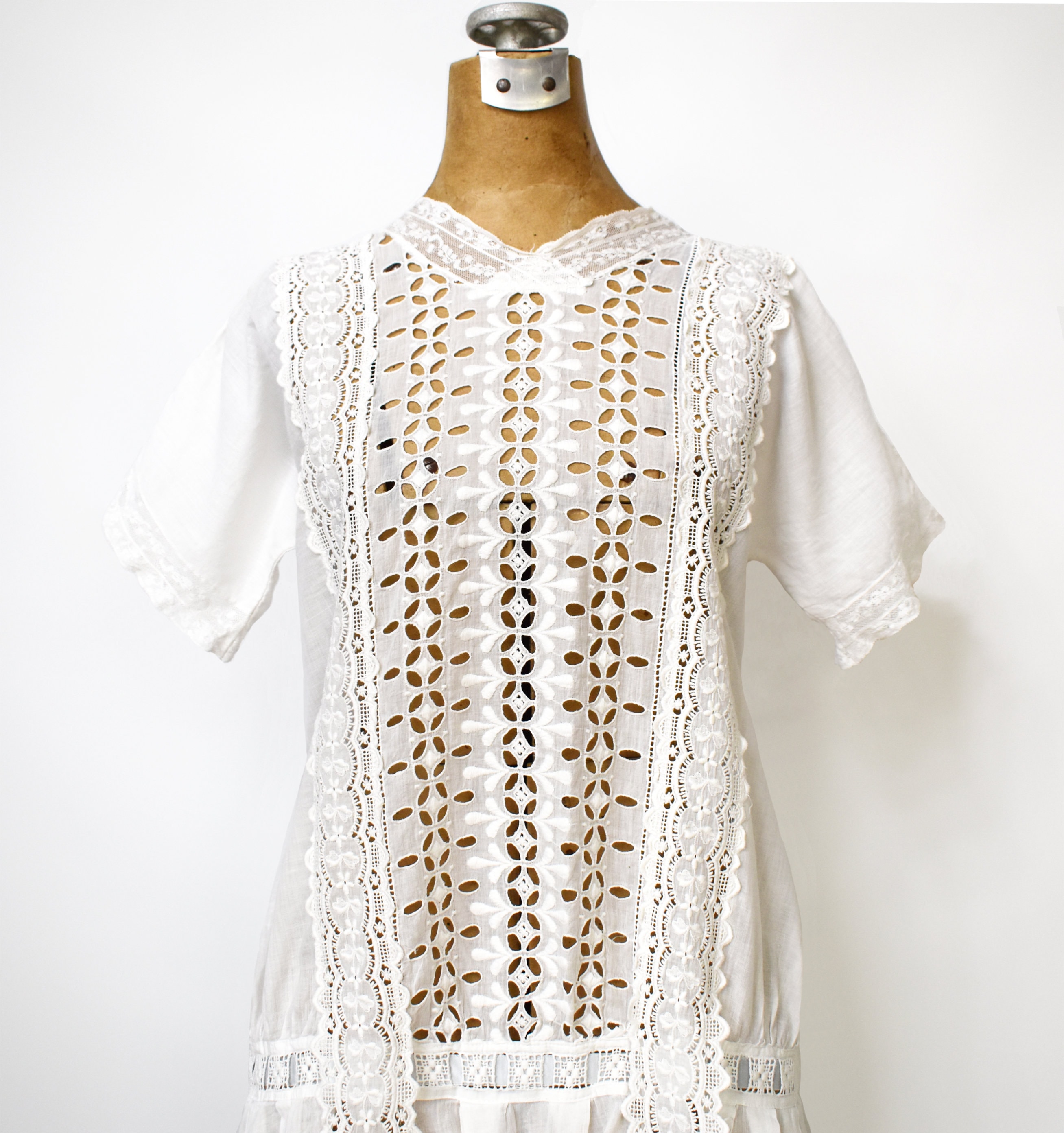Vintage 1920s Drop Waist Dress | 20s White Cotton Tea Dress