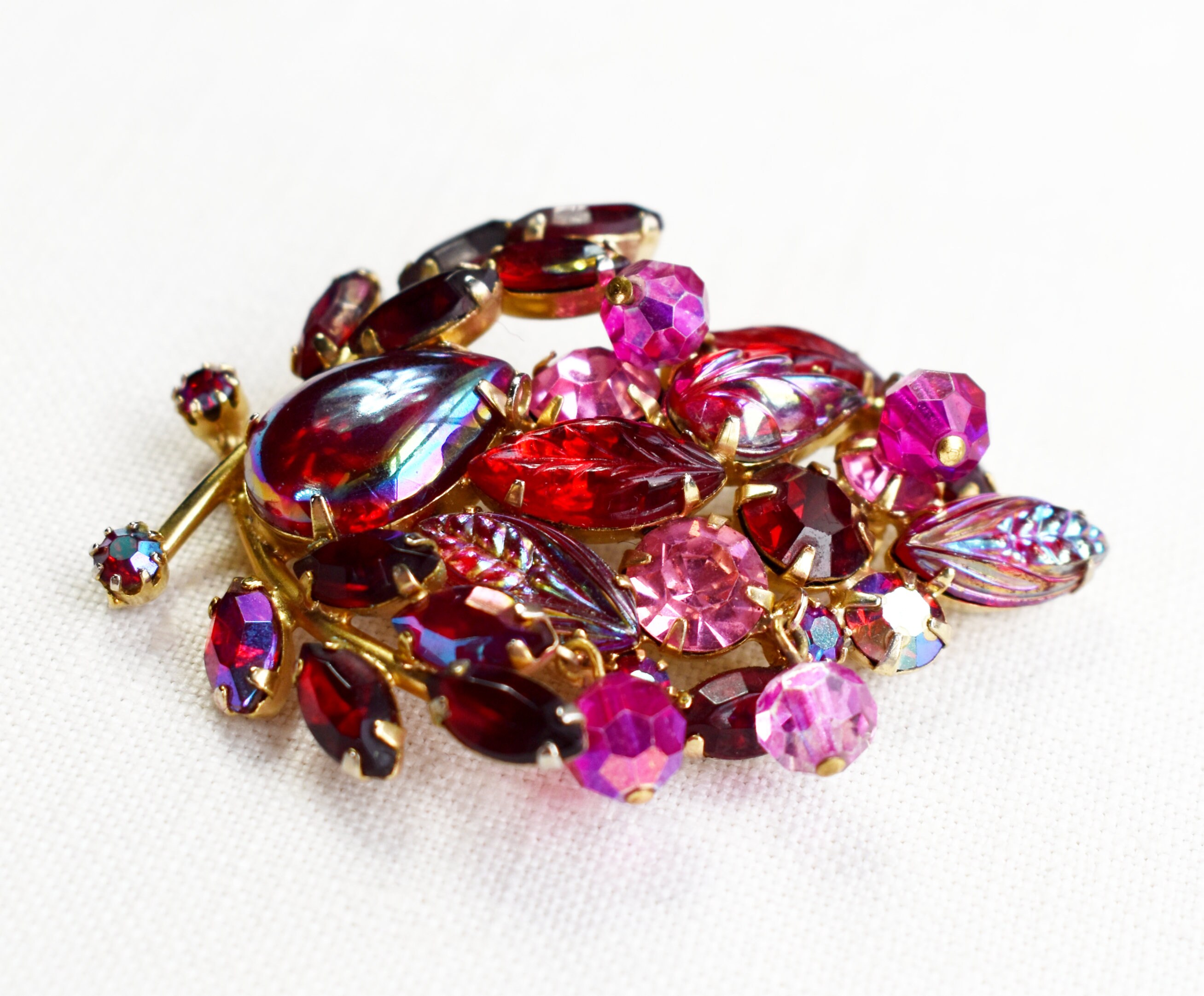 Broche Ancienne En Strass Orange Irisés - Style Art Déco Années 40-50 - Occasion Très Bon état
