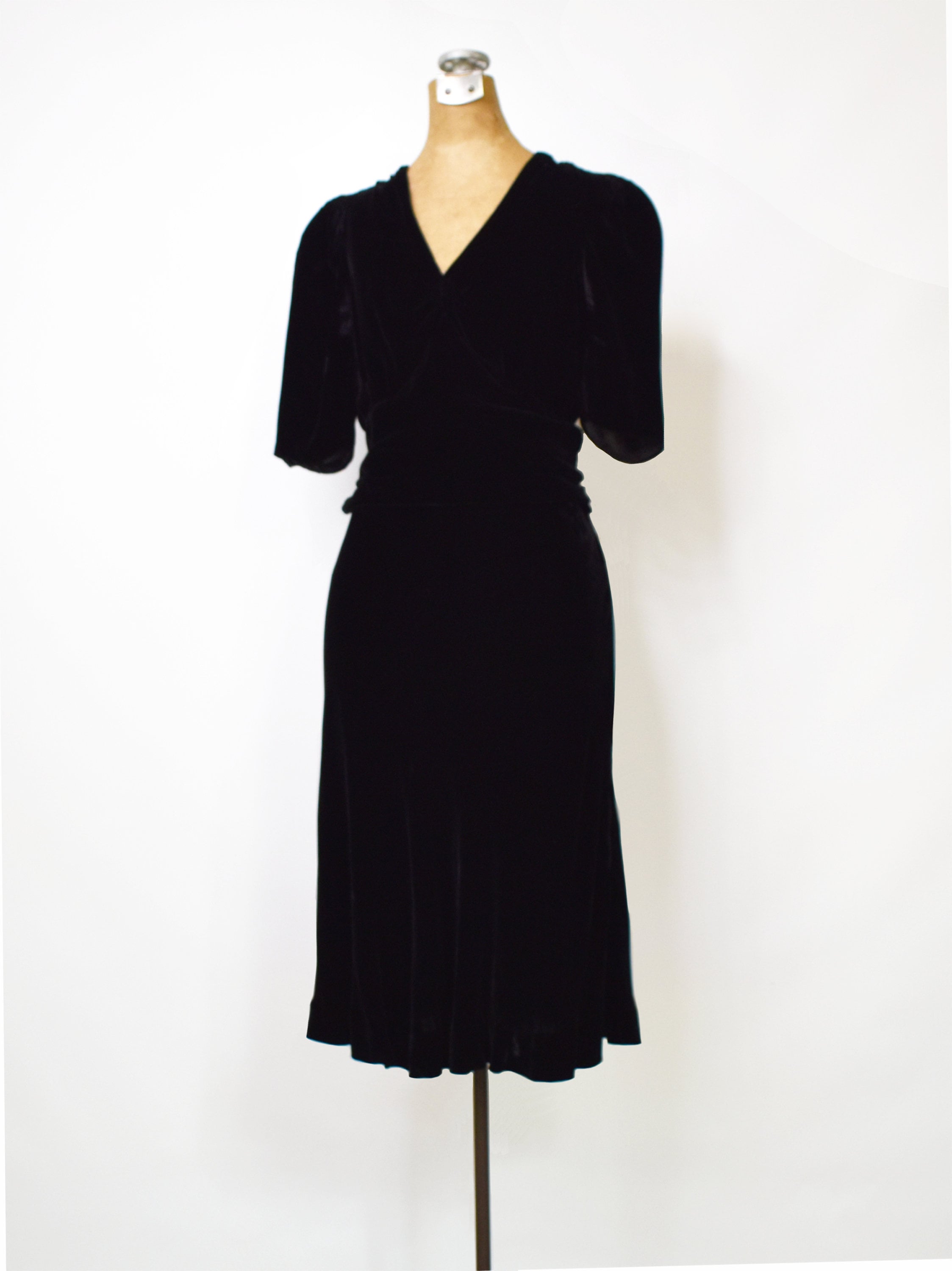 1940s Black Velvet Halter Dress with Ruched Bodice