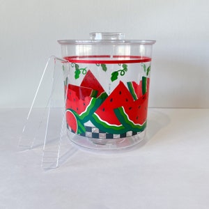 Vintage Watermelon Print Acrylic Ice Bucket with Tongs, 1990s, Checkered Pattern