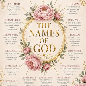 May include: A decorative poster titled The Names of God, featuring a central gold frame surrounded by pink peony illustrations. It lists various biblical names for God, including Elohim, Yahweh, and Adonai, with their meanings and scripture references.