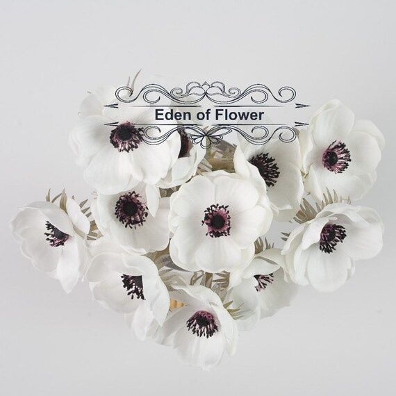 Real Touch White Anemones Dark Purple For Wedding Bridal Etsy