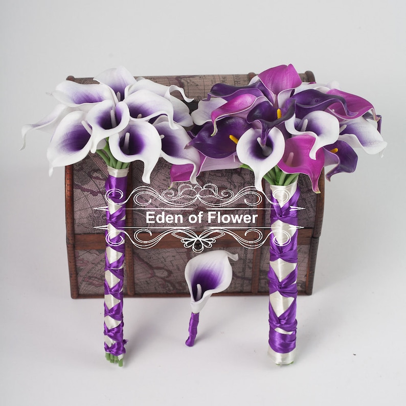 Real Touch PU Calla Lilies for Purple Wedding Bridal Bouquet Home Decoration Centerpieces dark purple light purple picasso