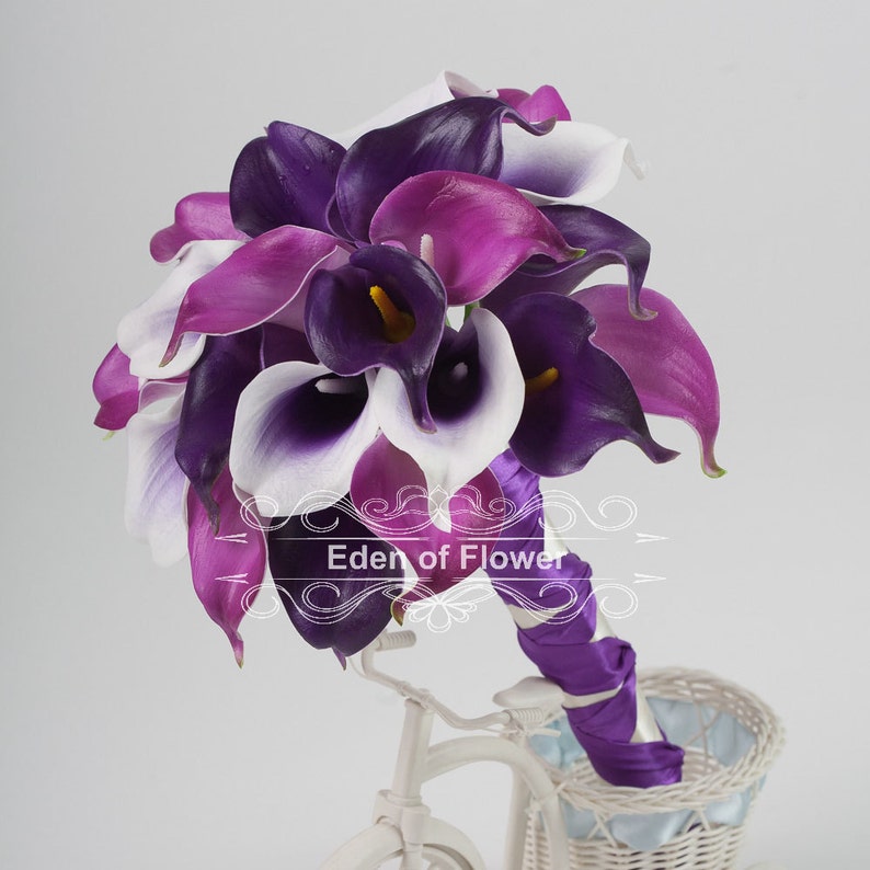 Real Touch PU Calla Lilies for Purple Wedding Bridal Bouquet Home Decoration Centerpieces dark purple light purple picasso