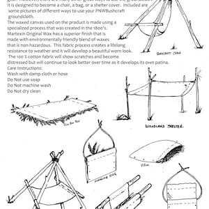 May include: A black and white line drawing illustration of different ways to use a groundcloth. The illustration shows a groundcloth used as a chair, a bed, a shelter, a table, a foraging bag, a tinder gatherer, and a haversack. The text in the image reads "PNWBushcraft Groundcloth".
