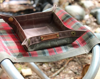 Brown and Green Waxed Canvas Collapsible Tray for your Fire Supplies, Keys, Pipe, Watch, Adventures and Everyday Travel by PNWBUSHCRAFT