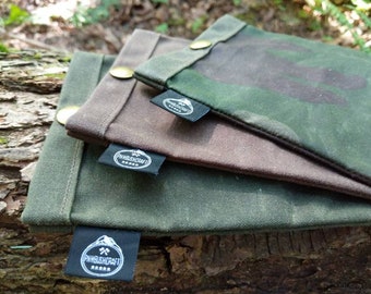 Set of 3 Waxed Canvas Ditty Bags with Snaps for Bushcraft, Camping and the Great Outdoors in Brown, Green and Camo