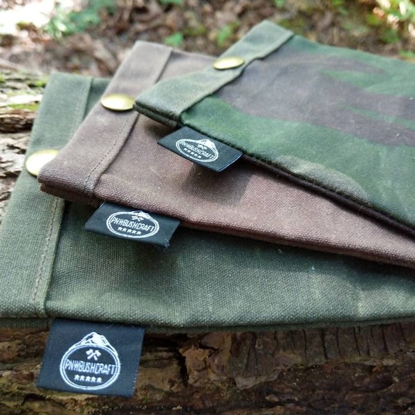 Ensemble de 3 sacs ditty en toile cirée avec des boutons-pression pour Bushcraft, camping et grands espaces en brun, vert et camo