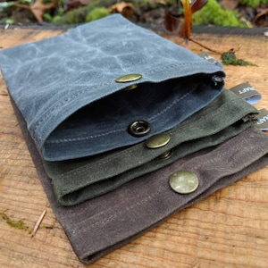 Set of 3 Handmade Waxed Canvas Ditty Bags with Snaps for Bushcraft, Camping and the Great Outdoors in Brown, Blue and Green