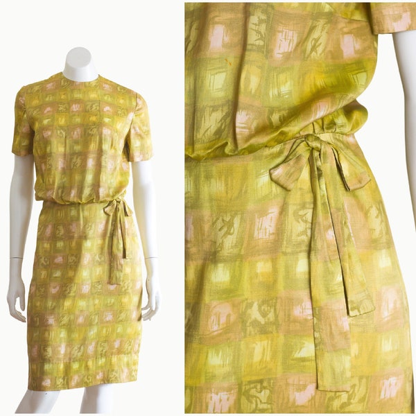 Vintage 1960s Ochre Geometric Print Dress with Bow Detail | Short Sleeves | Blouson