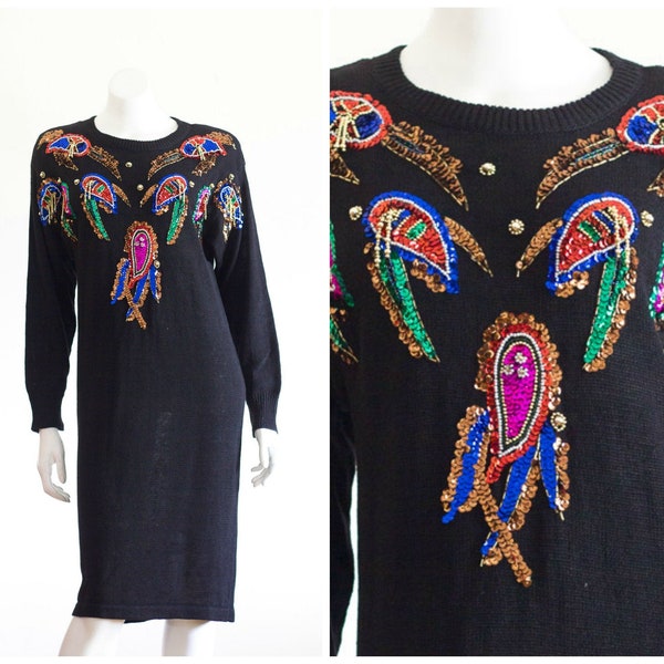 Vintage 1980s Black Knit Sweater Dress with Sequin and Bead Embellishments