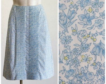 Vintage 1960s Blue Floral A-Line Skirt with Pin Tuck Detailing