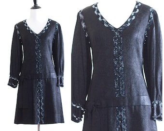 Vintage 1960s Black Brocade Cocktail Dress with Sequin Embellishments | V-Neckline, Drop Waist | Fully Lined