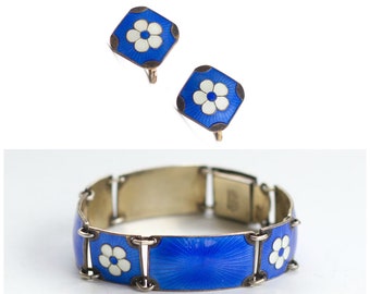 Vintage Finn Jensen Enamel Bracelet and Earring Set in Cobalt Blue