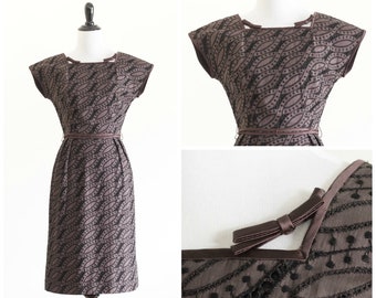 Vintage 1950s Brown Eyelet Sheath Dress with Belt