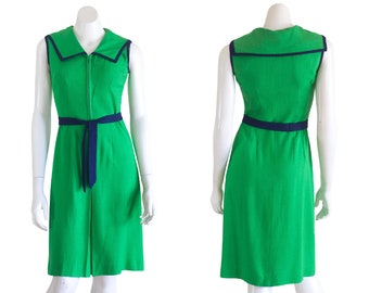 Vintage 1960s Kelly Green Dress with Blue Trim and Matching Belt | Bib Collar