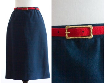 Vintage 1970s Dark Blue Suede A-Line Skirt with Skinny Red Suede Belt | Nat Kaplan Couture