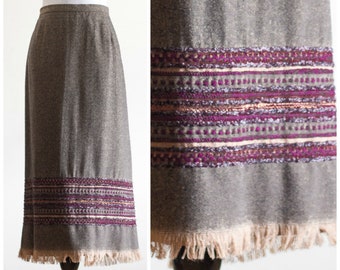 Vintage Long Brown Sheath Skirt | Fringed Hem and Boucle Knit Border