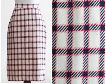 Vintage Pink, White, and Black Plaid Sheath Skirt - Soft Wool Fabric, Fully Lined