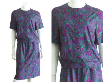 1980s Purple Floral Skirt and Blouse Set