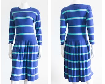 Vintage 80s/90s Long Sleeve Striped Cotton Jersey Dress | Drop Waist | Pleated skirt
