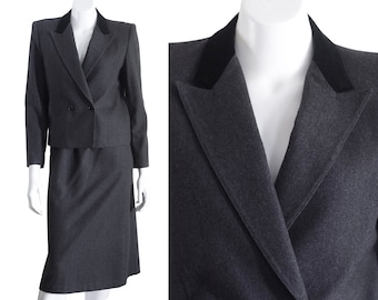 Vintage 1980s Gray Skirt Suit with Velvet Lapel by Sasson