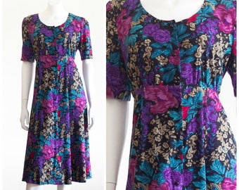 Vintage 1990s Floral Print Dress with Short Sleeves and Button Front