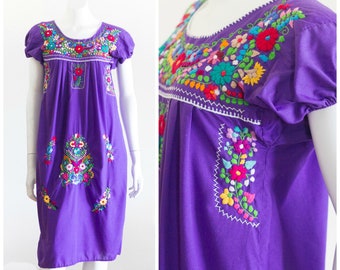 Vintage Purple Mexican Dress with Embroidery
