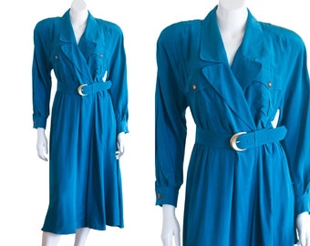 1990s Oleg Cassini Blue Silk Dress