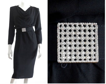 Vintage 1980s Black Cowl Neck Dress | Rhinestone Buckle Belt