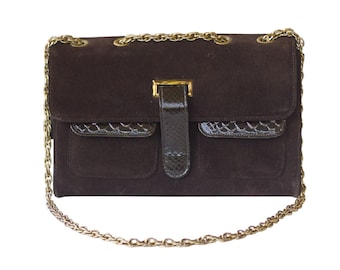 Vintage 1970s Brown Suede and Snakeskin Purse with Gold Chain
