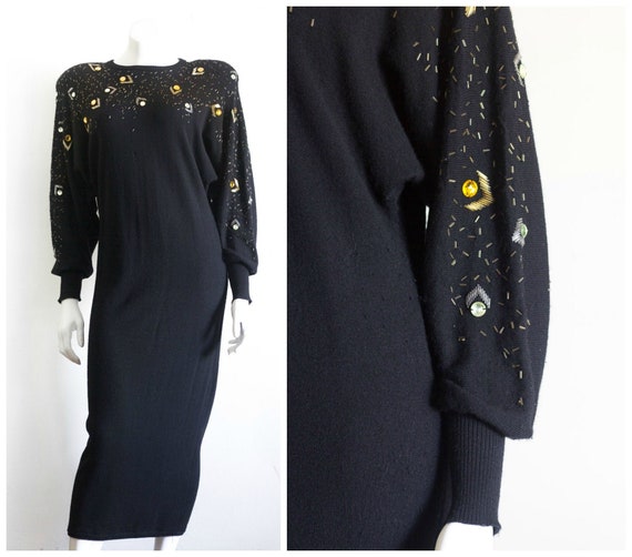 1980s beaded lambswool sweater dress with large sh