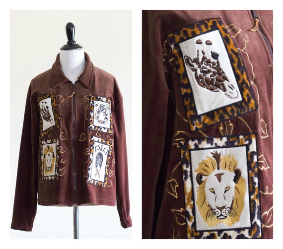 1990s brown velour zip up jacket with animal patc… - image 10