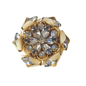 Large Gold Tone Rhinestone Flower Brooch