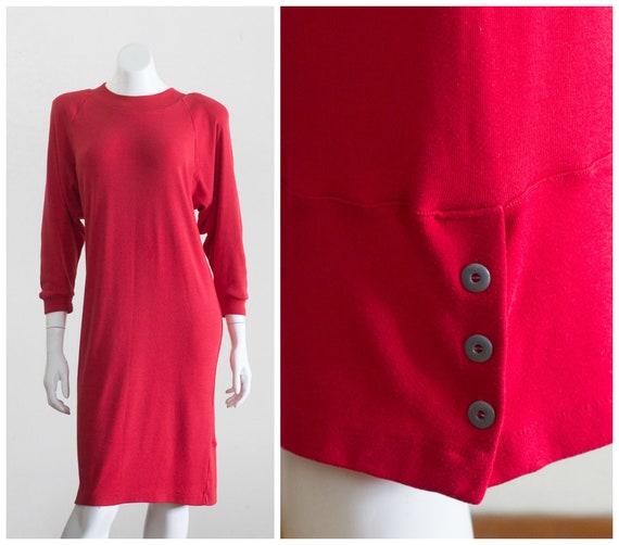 Vintage 1980s Red Knit Dress with Shoulder Pads - image 1