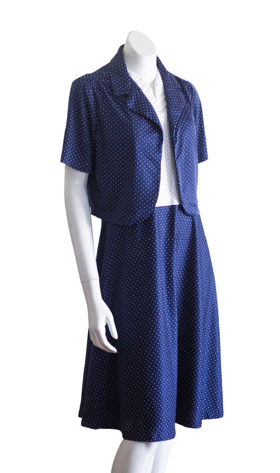 Vintage 70s/80s Blue and White Polka Dot Dress Se… - image 4