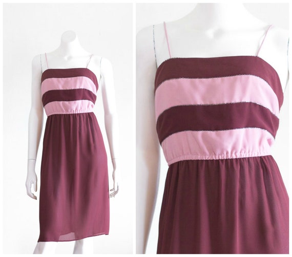 Vintage 1970s Maroon and Pink Dress | Striped Bod… - image 1