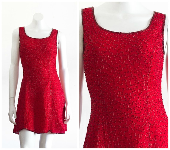 Vintage Red Silk Beaded Dress - image 1