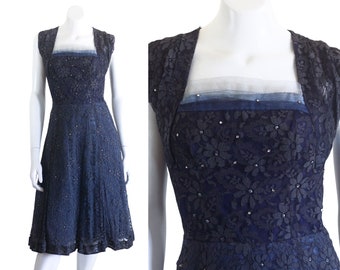 1950s black and blue lace fit and flare dress