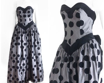 1980s gray ball gown with black velvet polka dots from Terence Nolder