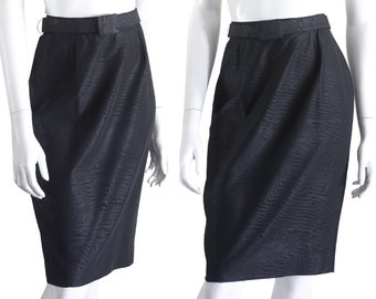 Vintage 1990s Black Moire Sheath Skirt with Belt