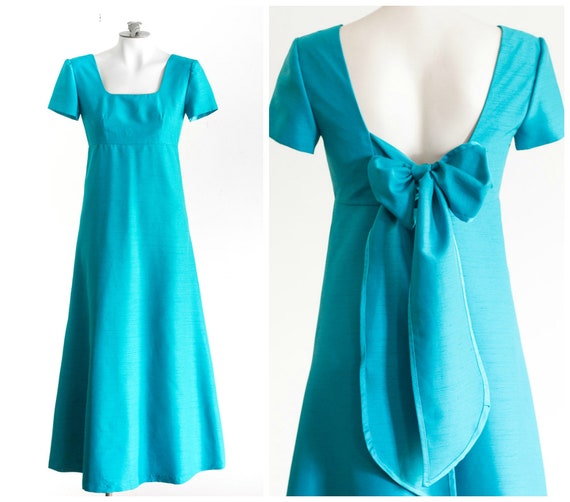 1960s blue silk gown with short sleeves