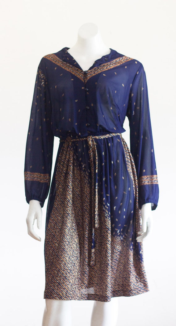 Vintage 1970s Dark Blue Belted Dress - image 7