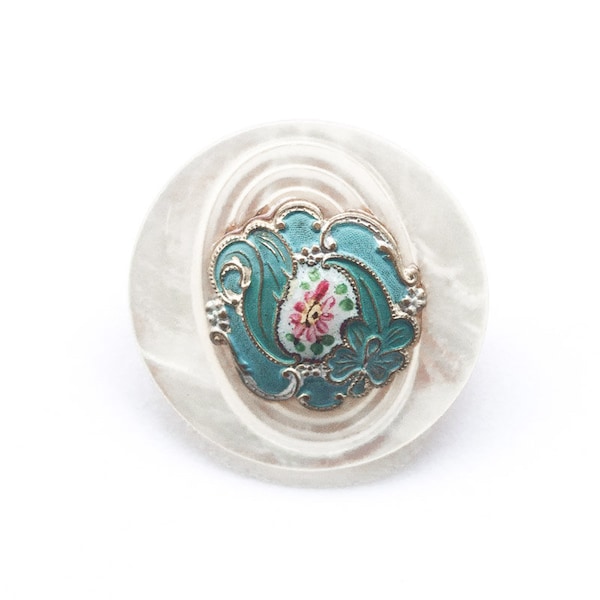 Vintage Mother of Pearl Brooch | Hand-Painted Flower with Blue Enamel Detail