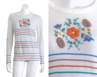 Vintage 1970s Sweater with Floral Embroidery and Stripes